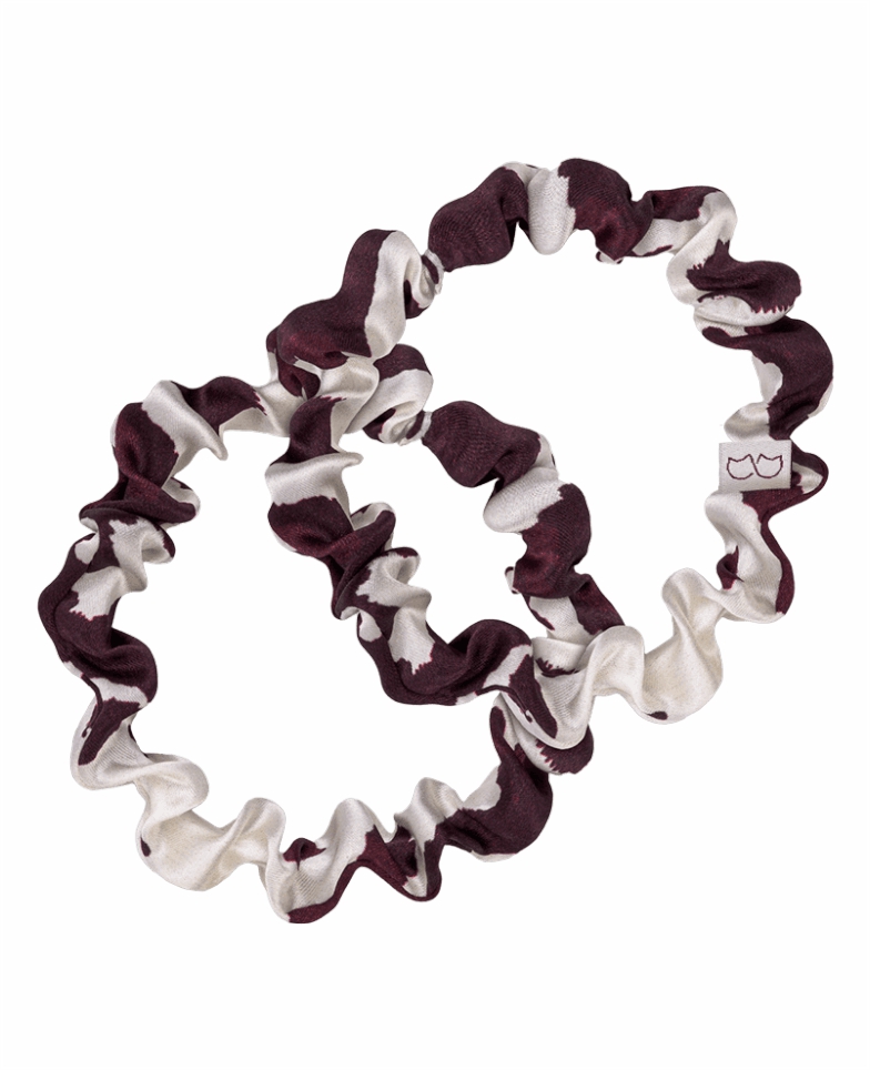 Set of two silk srunchies - cow burgundy