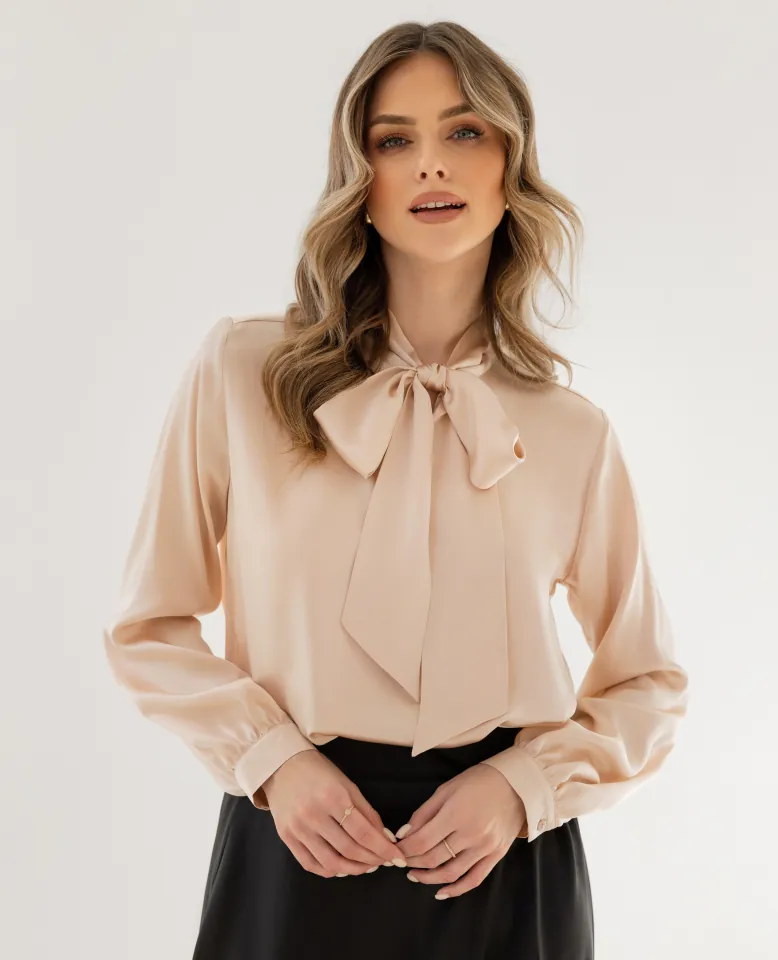 Seidenbluse mit Schleife zum Binden - beige