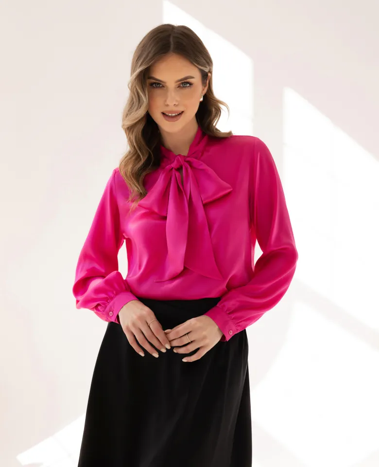 Silk blouse with tied bow - vivid pink