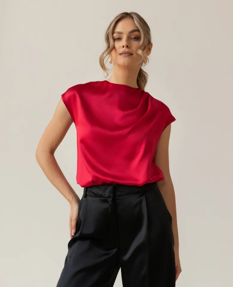 Silk blouse with ruching - carmine
