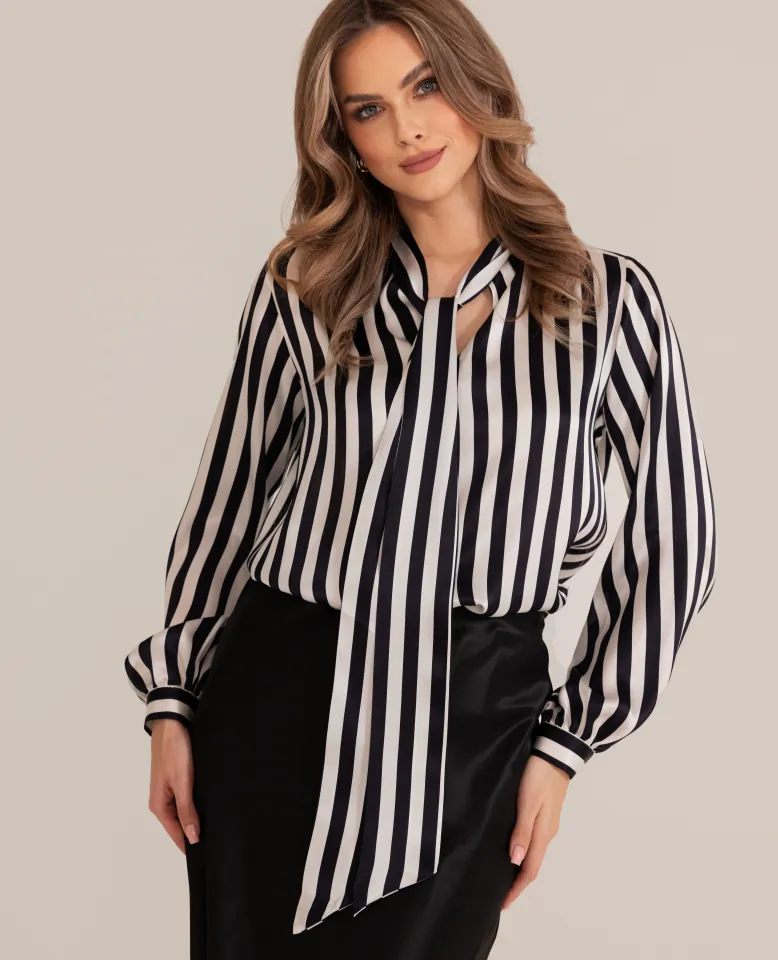 Jedwabna bluzka z wiązaną kokardą - normal stripes