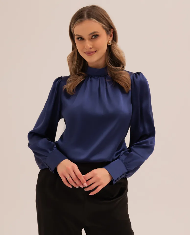 Rollkragenbluse aus Seide - navy blue