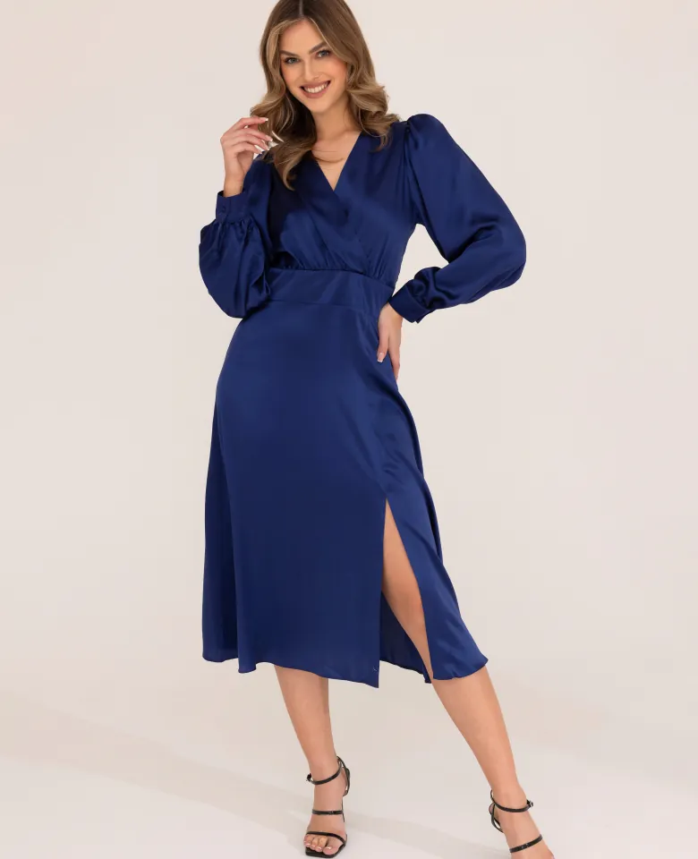 Jedwabna sukienka midi - navy blue
